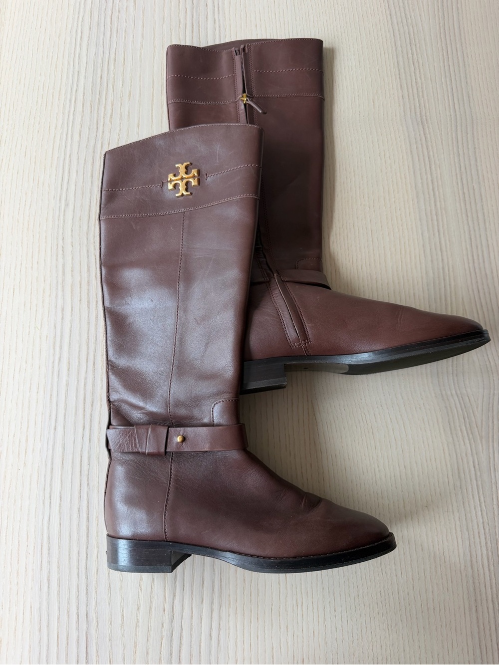 Tory Burch Brown Leather Knee High Equestrian Riding Boots Gold Logo 6M